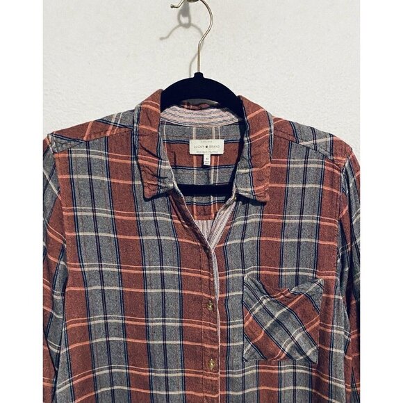 Lucky Brand Top Womens Medium Red Gray Plaid Button Up Long Sleeve Boho Comfy - Picture 3 of 11